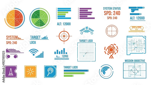 Collection of colorful digital and electronic system icons representing target locks and system