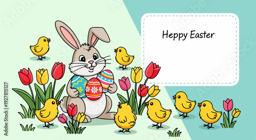 Easter bunny holds decorated egg surrounded by chicks and tulips festive spring scene with 'happy easter' greeting