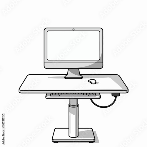 Improve your workplace ergonomics with this sleek minimalist standing desk featuring an adjustable lift system and a modern all-in-one desktop computer.

