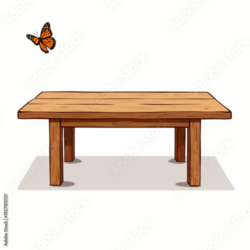 Add a natural touch to your living area with this sturdy solid wood coffee table featuring a rustic timber grain and a delicate orange butterfly accent.
