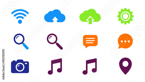 Collection of colorful icons representing technology connectivity cloud storage and communication
