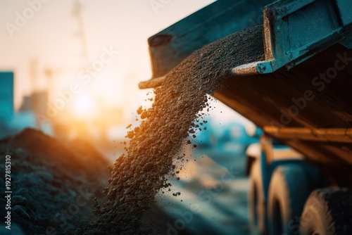 Heavy tipper truck delivering dirt to site