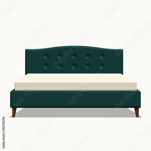 Stylish dark teal upholstered bed frame featuring a tufted headboard and white mattress for a luxurious and comfortable bedroom interior design upgrade.
