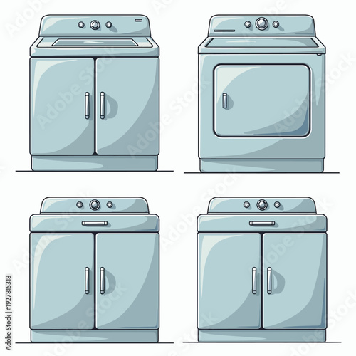 Modern blue laundry room appliance set featuring top-load washing machine and front-load dryer with storage cabinets for organized home cleaning space.
