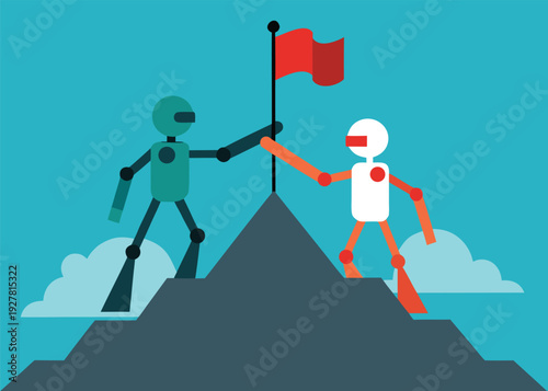 Human and AI robot climbers collaborating to reach a mountain peak and touching a red flag.
