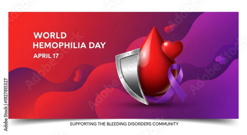 World hemophilia day awareness banner with blood drop shield and purple ribbon on red background