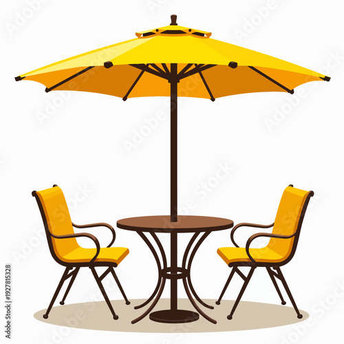Stylish yellow outdoor patio furniture set including a table two comfortable chairs and a large sun umbrella for backyard dining and summer relaxation.
