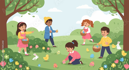 Children on easter egg hunt in colorful spring park with flowers and trees