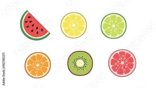 Collection of colorful sliced fruits including watermelon lemon lime orange kiwi and grapefruit
