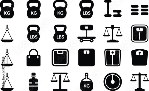 Set of 20 solid black weight and measurement icons including kettlebells, balance scales, and digital scales for fitness and logistics.