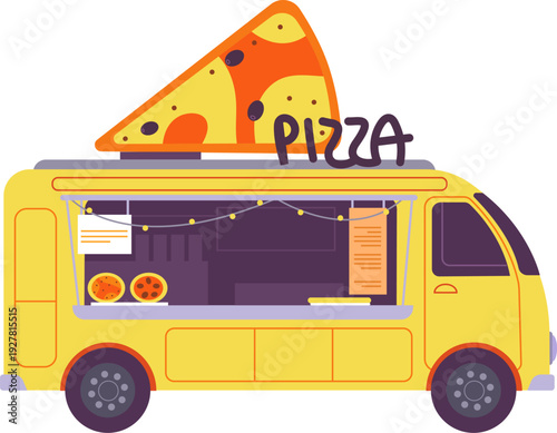 Pizza truck. Italian street food van icon