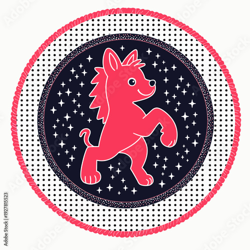 A cute pink cartoon werewolf character standing inside a circular starry emblem, ideal for a kid's nursery mascot or a whimsical fantasy-themed sticker design.
