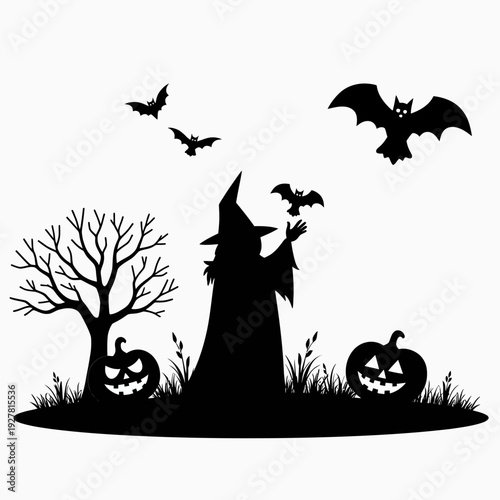 A spooky Halloween silhouette featuring a mysterious witch, bats, and jack-o-lanterns under a bare tree, perfect for a festive party invitation or scary backdrop.
