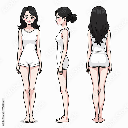 Anime style female character model sheet featuring front side and back views for animation reference 3D modeling and artistic figure drawing projects.
