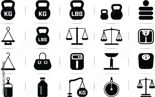 Set of 20 solid black weight and measurement icons including kettlebells, balance scales, and digital scales for fitness and logistics.