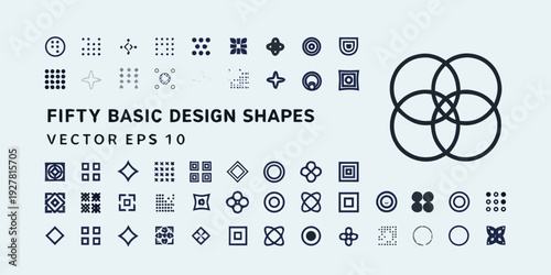 Collection of fifty basic vector design shapes and overlapping circles