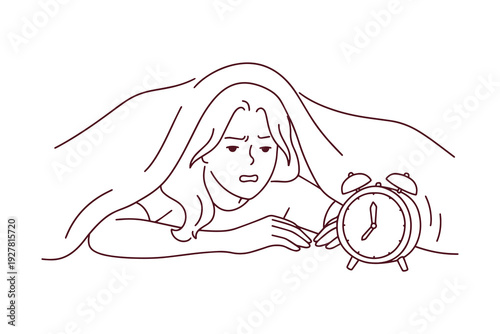 Tired woman wakes up irritated at 7 am from loud alarm clock under blanket Coloring page showing a Young girl feels exhausted annoyed and lacks sleep after stressful night struggling to get out of bed