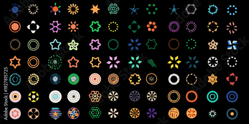 Colorful assortment of circular and star shaped icons on a black background