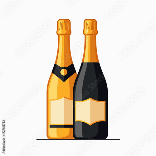 Pair of elegant sparkling wine bottles in gold and dark green with blank labels suitable for wedding celebrations anniversaries and festive holiday toasts.
