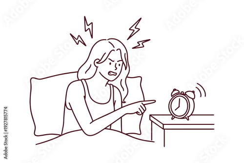 Tired woman wakes up irritated at 7 am from loud alarm clock under blanket Coloring page showing a Young girl feels exhausted annoyed and lacks sleep after stressful night struggling to get out of bed