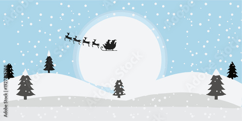 Santa claus and reindeer flying across a snowy winter landscape scene