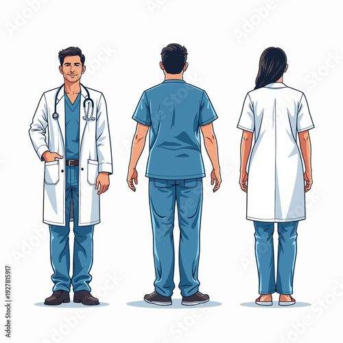 A professional healthcare medical team including a doctor in a lab coat and a nurse in surgical scrubs shown from front and back for uniform design concepts.

