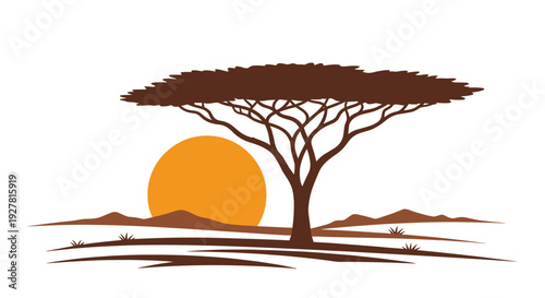 Acacia Tree Silhouette against Orange Sunset.