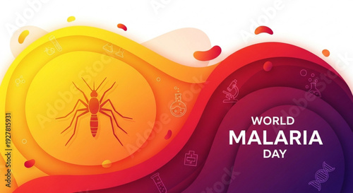 World malaria day awareness graphic with mosquito on colorful abstract background