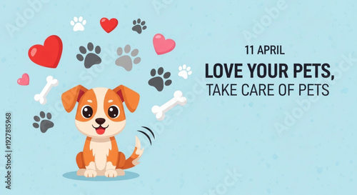 Cute dog surrounded by hearts paws and bones on light blue background world pet day