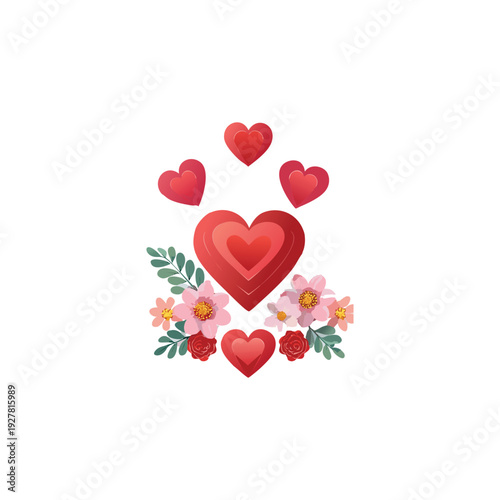 Romantic red heart of flowers illustration featuring a decorative pattern of hearts and pink floral shapes for a Valentine's Day card design symbol of love and wedding celebration