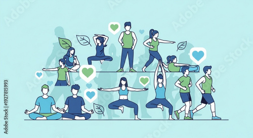 People practicing yoga and meditation in various poses with hearts and leaves around them on a light blue background