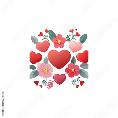Elegant pink and red vector illustration of a romantic heart with flowers and butterflies in a floral pattern design for a Valentine's Day wedding celebration card