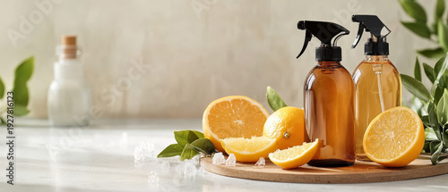 Amber bottles with spray tops surrounded by fresh citrus and leaves, symbolizing natural cleaning solutions
