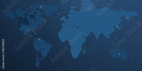 Blue world map with binary code overlay and highlighted connection points