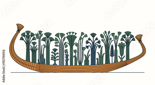 Ancient Egyptian Style Boat with Papyrus Plants.