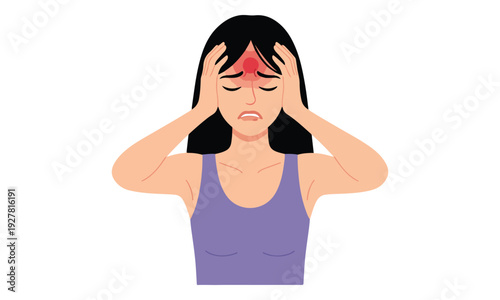 Headache pain, woman holding head, migraine symptom illustration