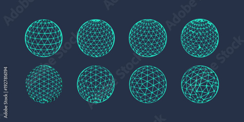 Abstract arrangement of glowing teal wireframe egg shaped objects