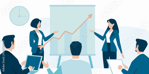 Business team presenting a growth chart in a modern office meeting