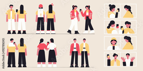 Diverse group of stylized young people in various casual outfits