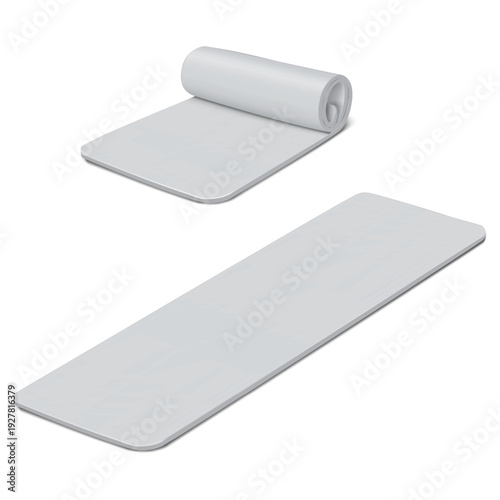 Exercise mat for sport, fitness, yoga workout. Rolled and unrolled. Vector mock-up. Blank camping sleeping pad. Realistic mockup