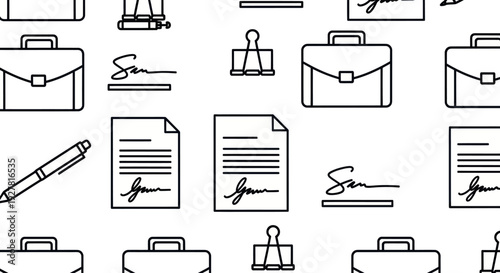 Seamless pattern of business icons: briefcase, pen, document, signature, binder clip