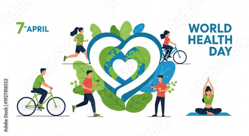 World health day illustration with people exercising and heart symbol on a green leafy background