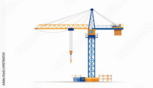 A detailed illustration of a blue and yellow tower crane on a white background, symbolizing construction and heavy machinery.