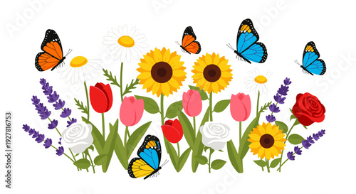 Colorful Flowers and Butterflies Illustration 1.
