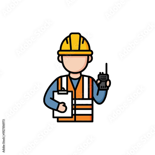 Illustration of a construction worker wearing a hard hat and safety vest holding a clipboard and walkie-talkie.