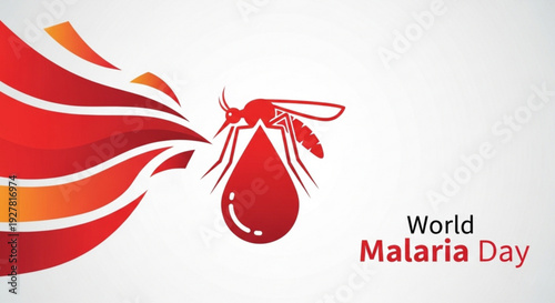 World malaria day awareness graphic with mosquito and blood drop symbol on red wave background