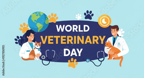 World veterinary day illustration with veterinarians and pets celebrating animal care and health globally