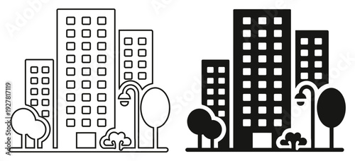 Modern Urban City Skyline Vector Icon with Skyscrapers, Trees and Street Lamp in Flat Style