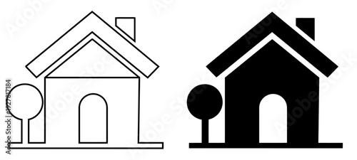 Minimalist House and Tree Vector Icon Set with Outline and Solid Fill Style for Modern Web Design