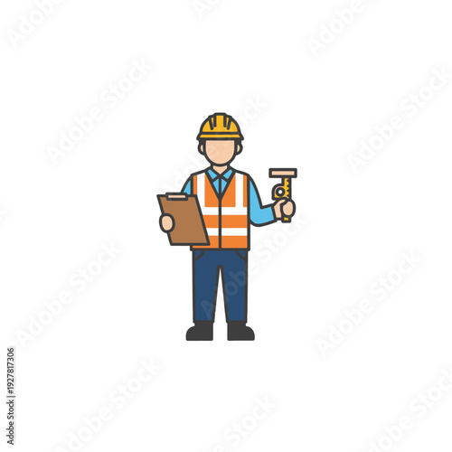 A construction worker wearing a hard hat and safety vest, holding a clipboard and surveying equipment.